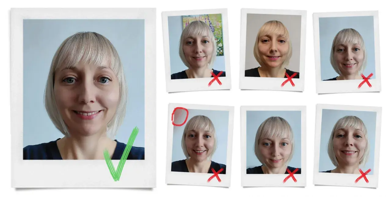 Portret fotografia: kobieta z blond włosami i niebieskimi oczami, z zielonym zaznaczeniem i kilkoma czerwonymi krzyżykami.