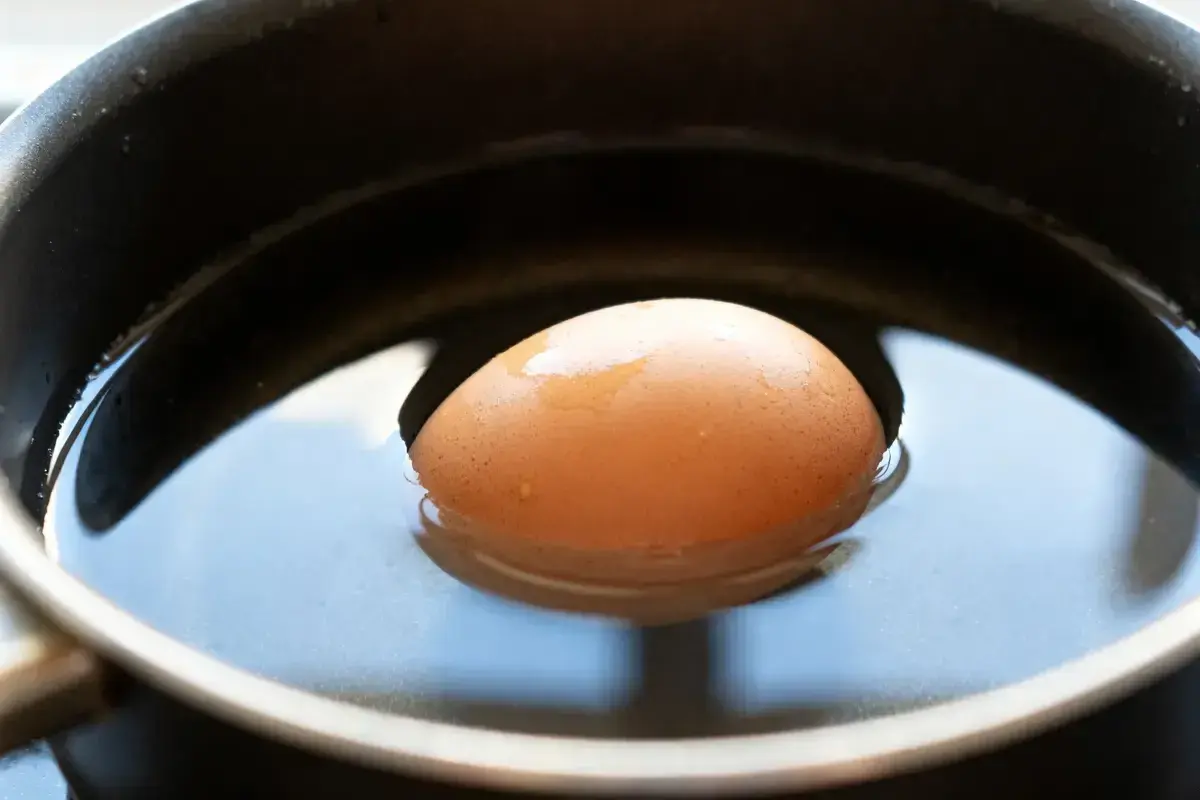 Un œuf frais flotte dans l'eau d'une casserole, prêt à être cuit.