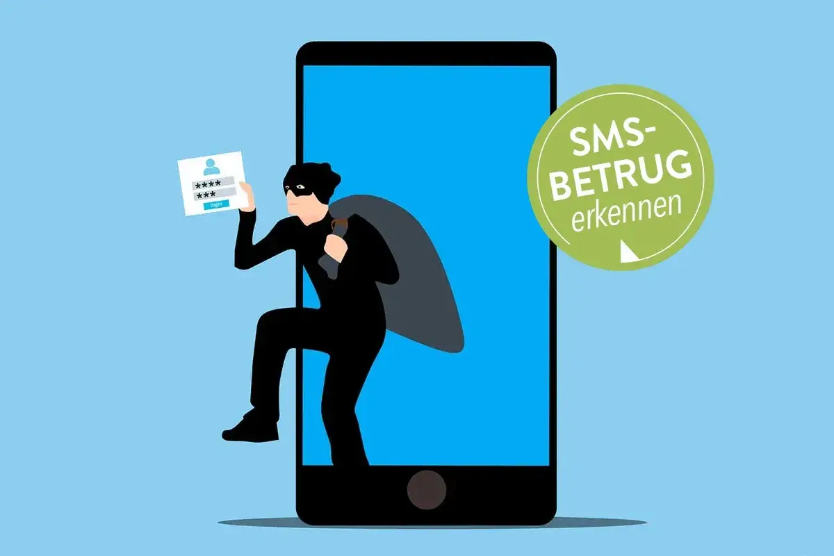 Ein Dieb klettert aus einem Smartphone, das eine Login-Seite zeigt. Vorsicht vor SMS-Betrug!