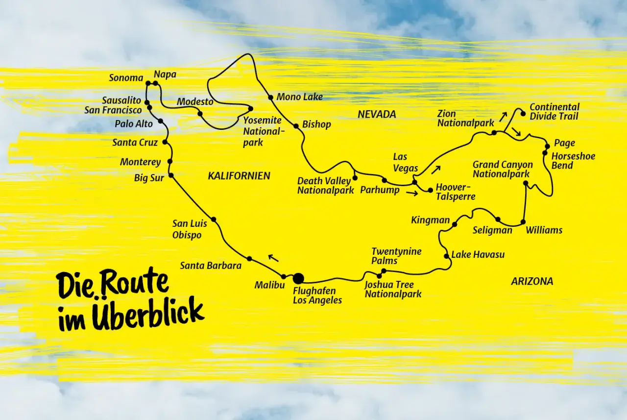 Karte zeigt eine Route durch Kalifornien, Nevada und Arizona, die viele berühmte nationalparks usa wie Yosemite und Grand Canyon umfasst.