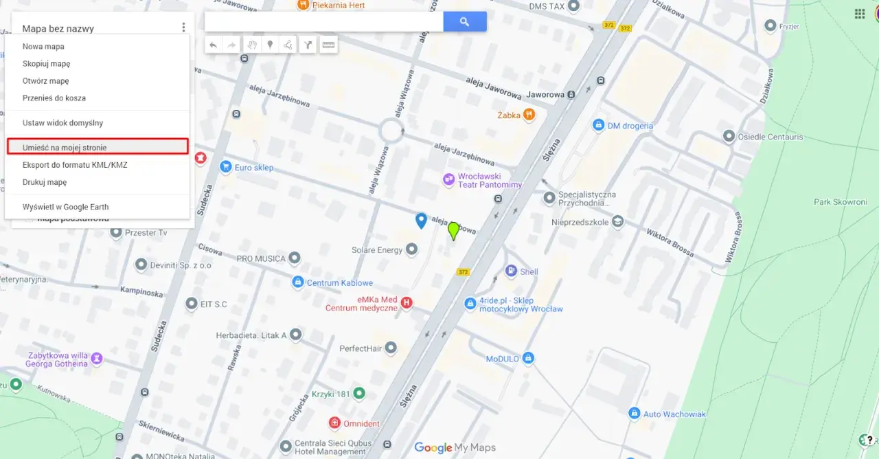 Menu Google Maps: "Umieść na mojej stronie" - instrukcja, jak umieścić mapę Google na swojej stronie.