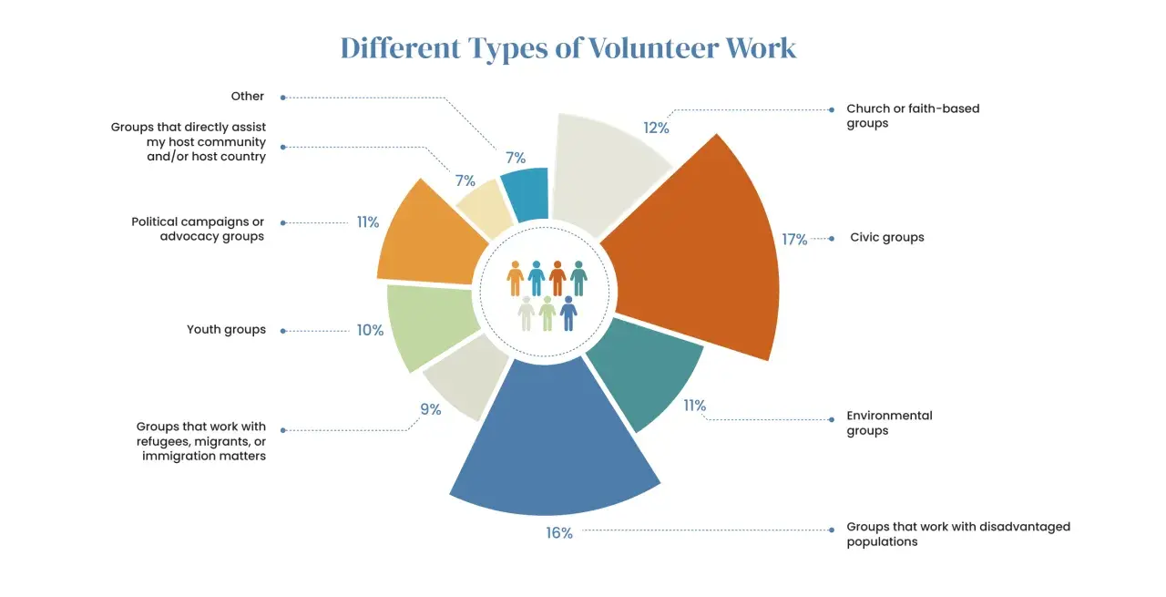 Pie chart showing different types of voluntary work. Civic groups are the largest category at 17%.