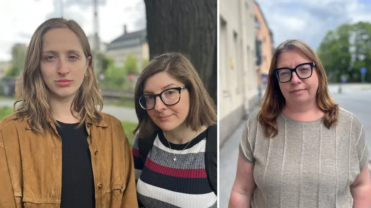 Tre kvinnor med glasögon. En ung kvinna med blont hår och brun jacka, en kvinna med brunt hår och randig tröja, och en kvinna med brunt hår och grå tröja. De ser ut att jobba som psykolog.