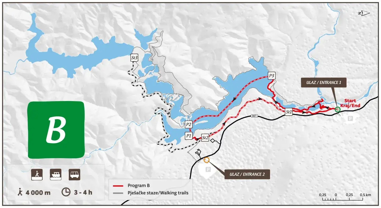 Mapa z trasami spacerowymi po Jeziorach Plitwickich. Program B oznaczony kolorem czerwonym, długość 4 km, czas 3-4h.