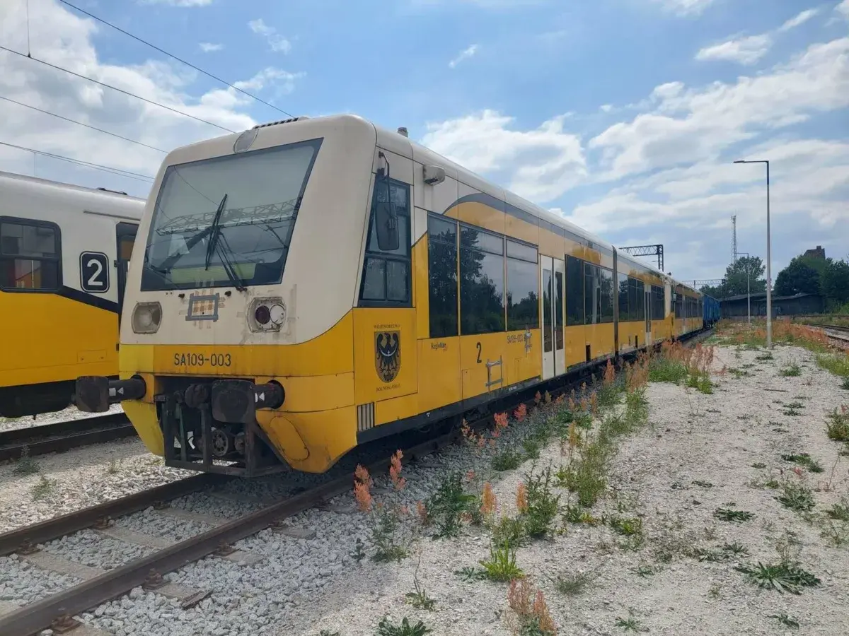 Żółty pociąg SA109-003 stoi na torach, gotowy do podróży.