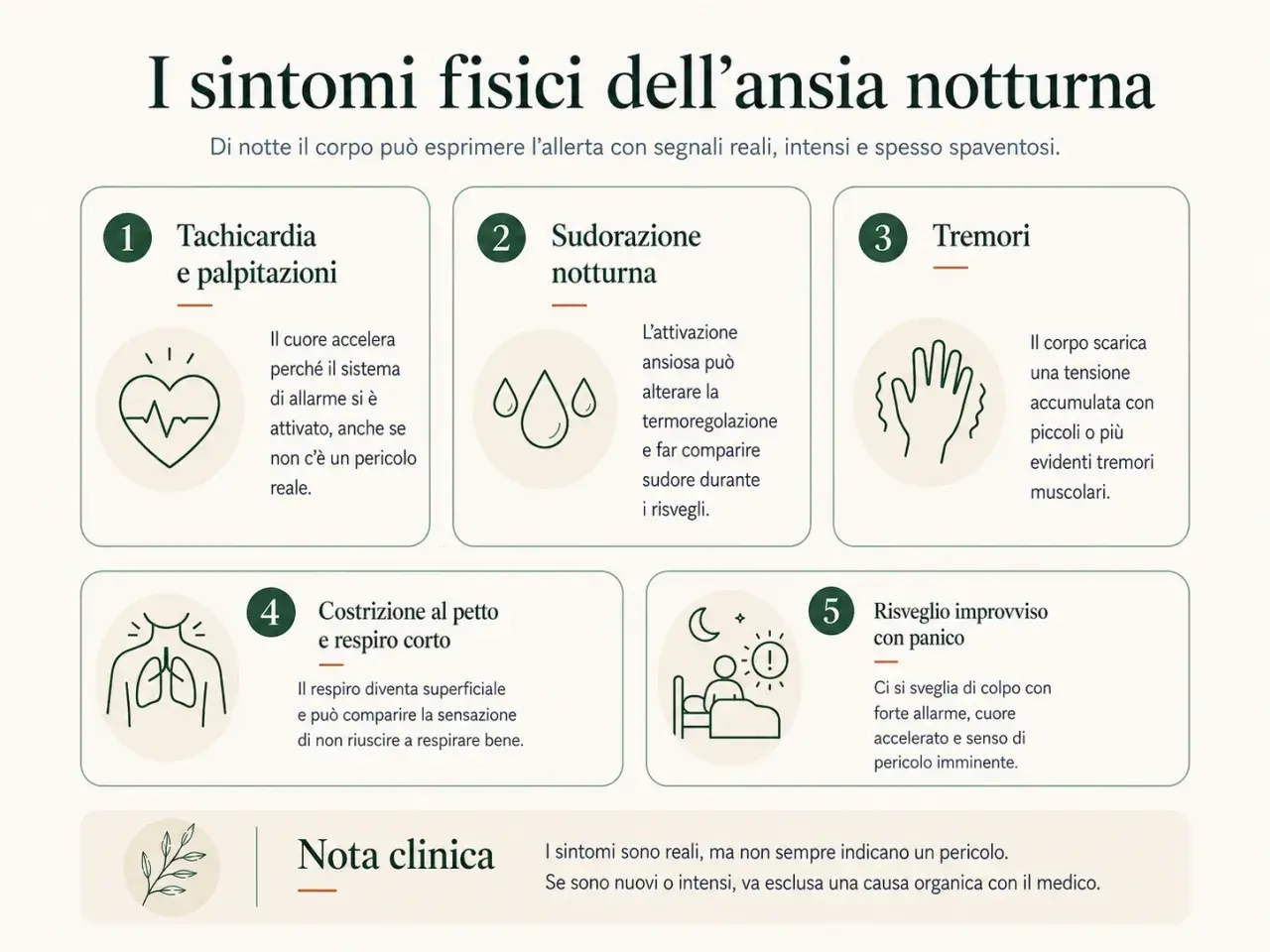 I sintomi fisici dell'ansia notturna: tachicardia, sudorazione, tremori, costrizione al petto e risvegli improvvisi con panico, agitato da ansia e timore.