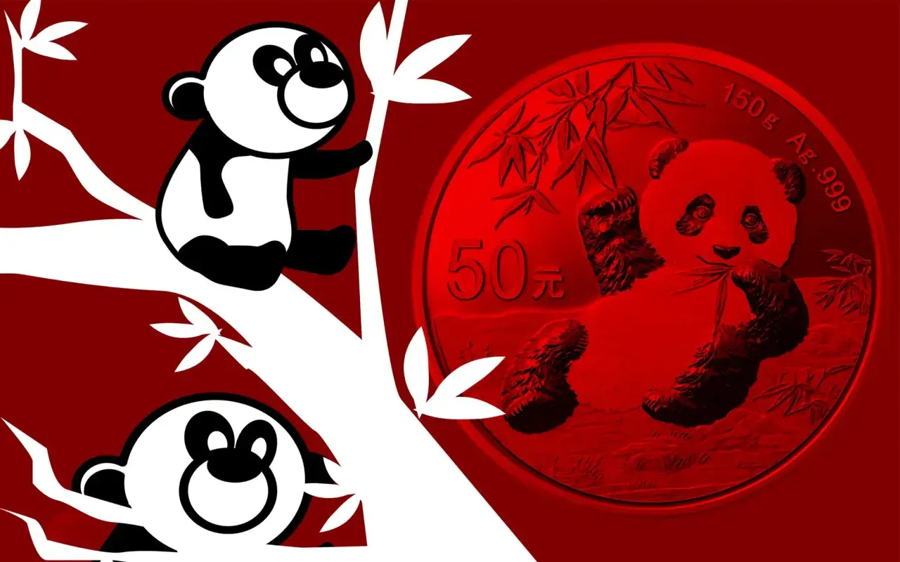 Stylizowana moneta z pandą i bambusem, obok rysunkowe pandy na gałęzi.