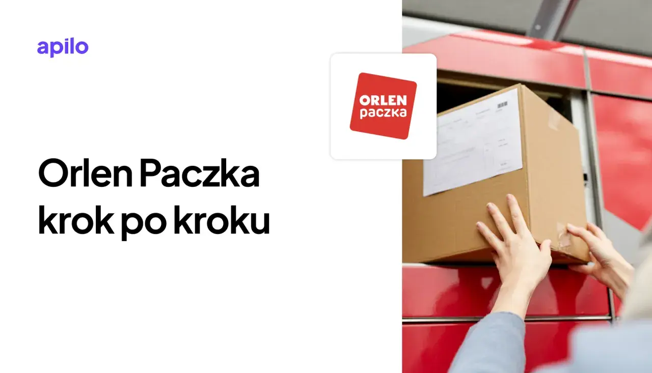 Ręce wkładają paczkę do czerwonego automatu paczkowego. Logo Orlen Paczka.