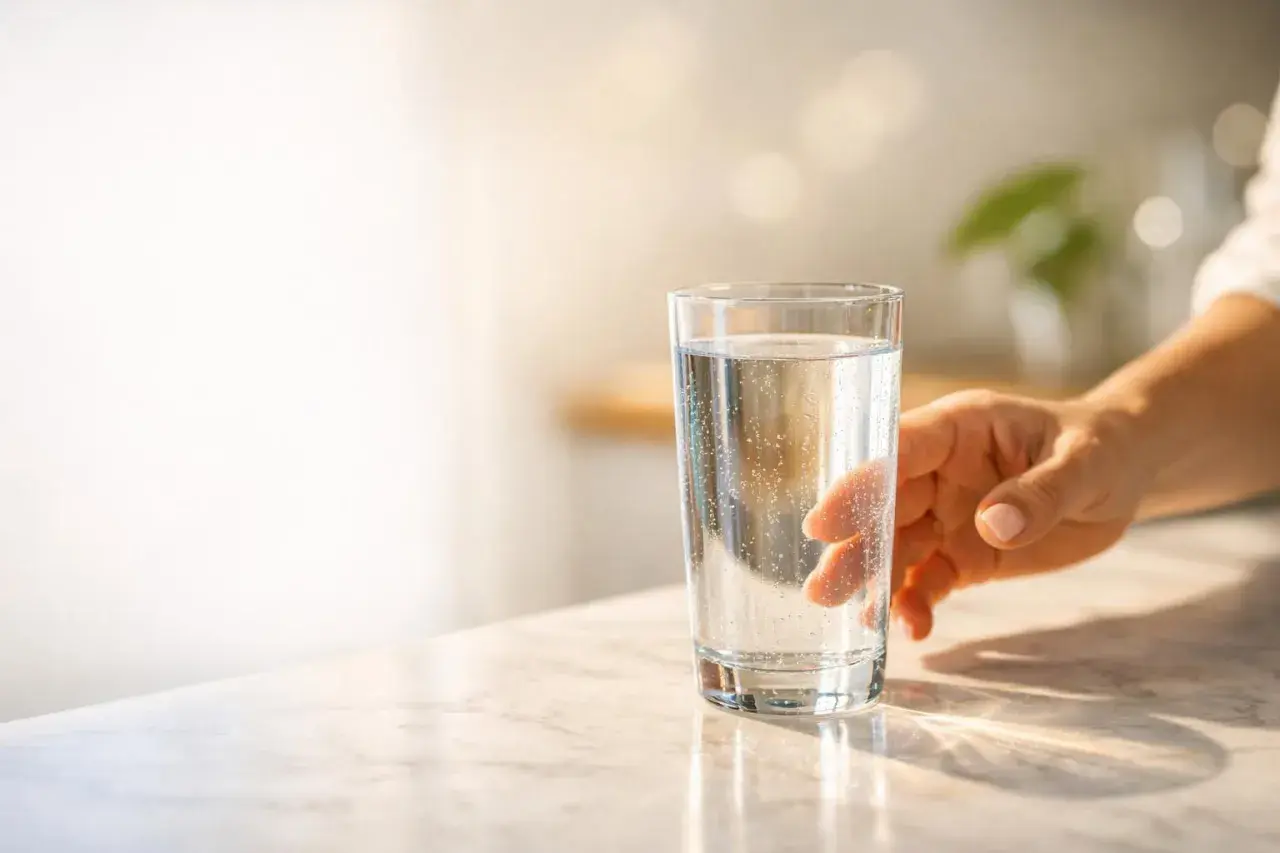 Mano che afferra un bicchiere d'acqua frizzante, un gesto semplice per stimolare la cacca e sentirsi meglio.
