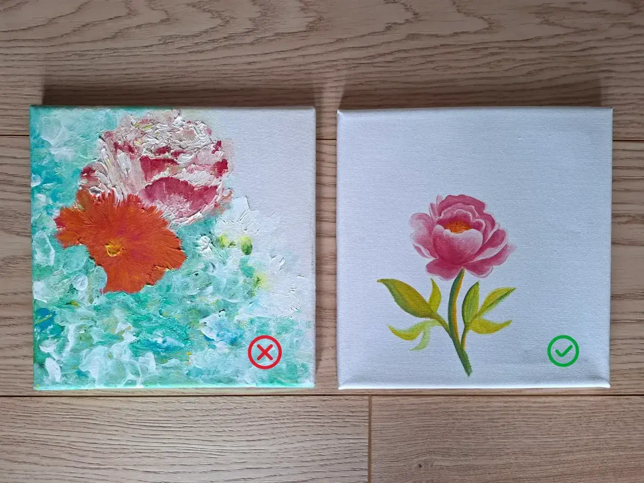 Deux peintures acryliques de fleurs. L'une est un chaos de couleurs vives, l'autre une pivoine délicate.