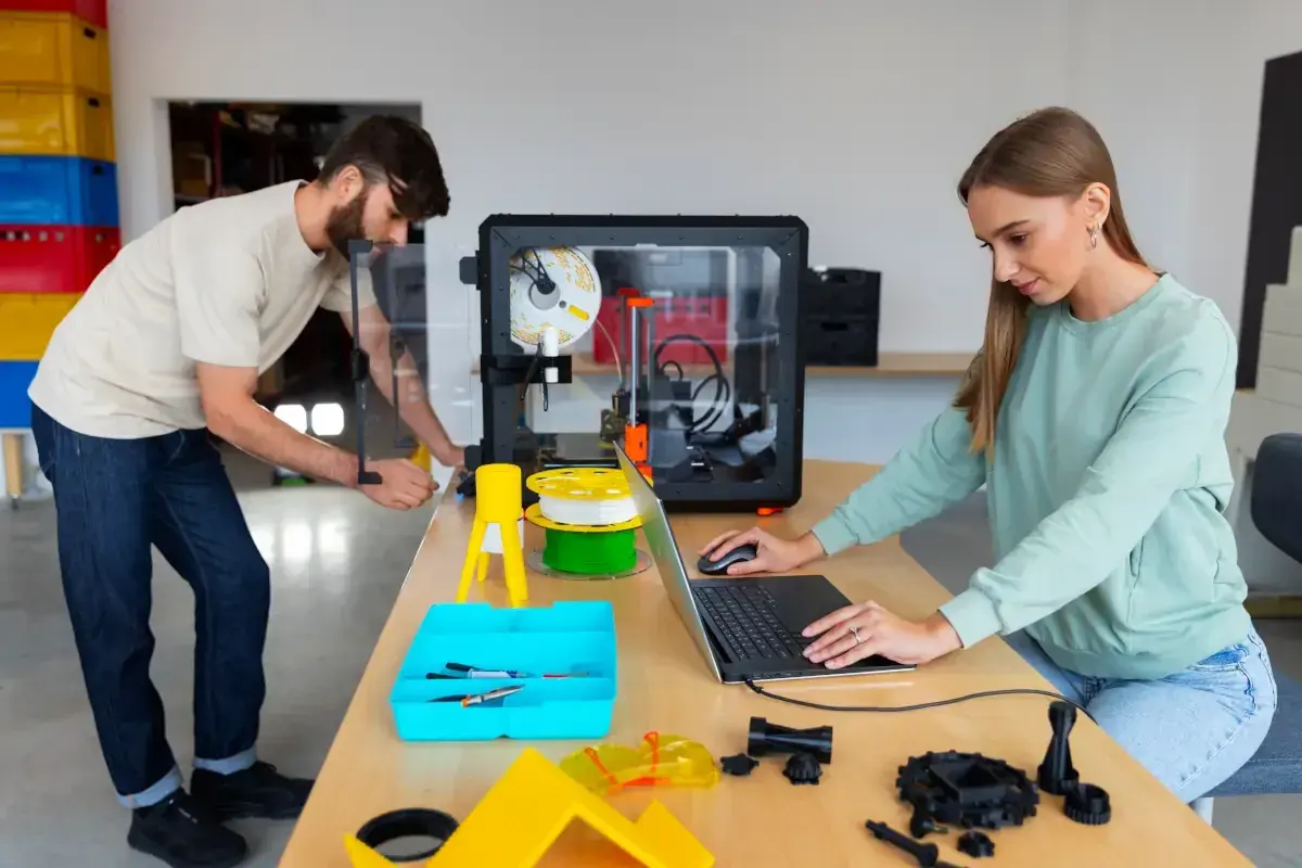 Mężczyzna i kobieta pracują przy drukarce 3D, która tworzy przedmioty. To pokazuje, czym jest drukarka 3D.