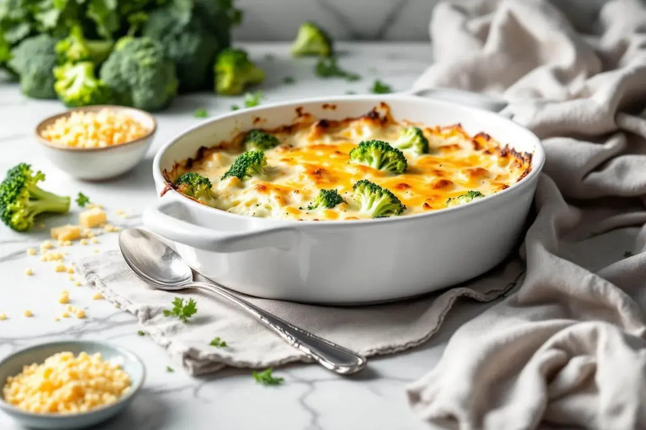 Un délicieux gratin de brocolis tout juste sorti du four, avec son fromage doré et fondant.