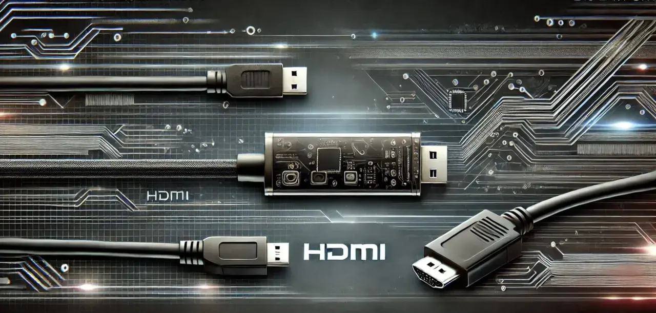 Kabel mit HDMI-Anschlüssen und ein Adapter, der an eine Leiterplatte erinnert, im Vergleich zu DisplayPort.