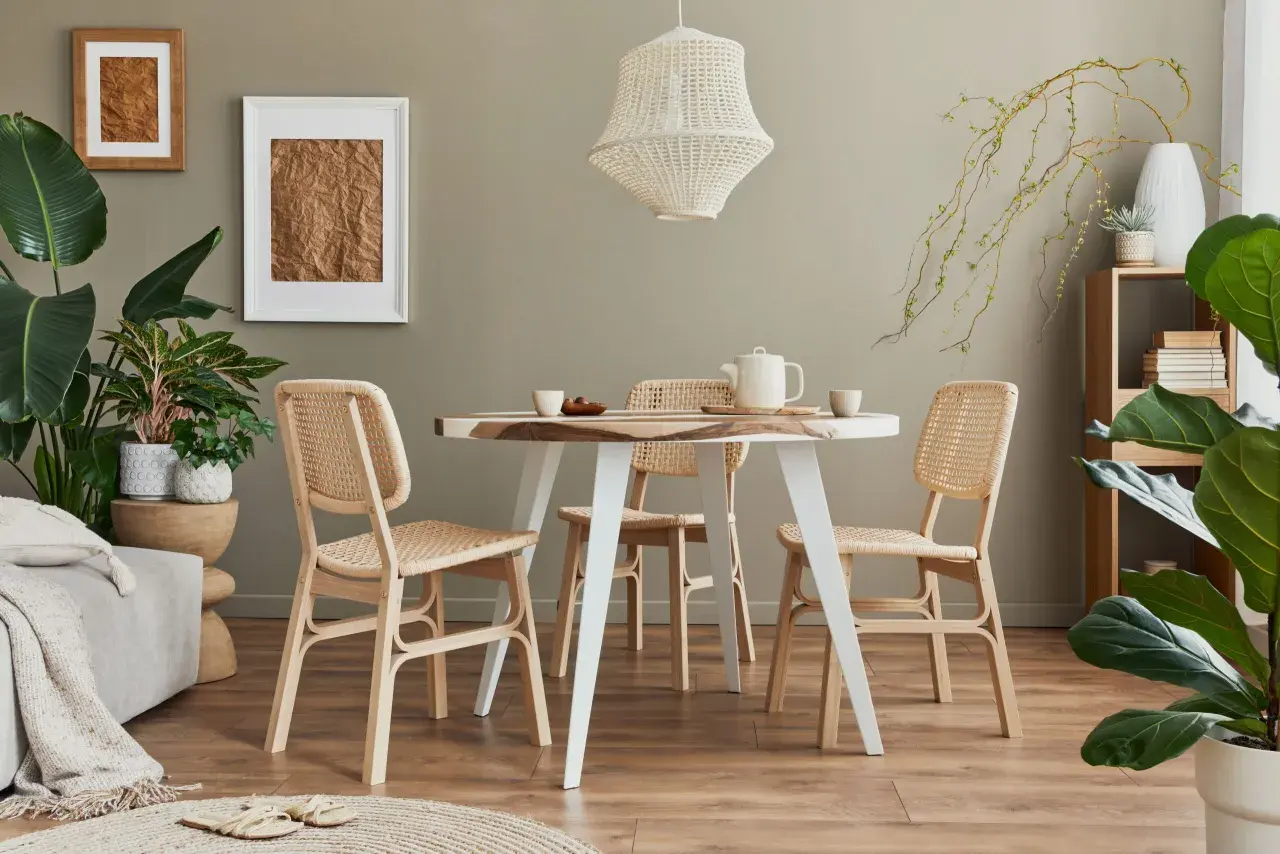Einrichtung im skandinavischen Stil mit Rattan-Stühlen, Holztisch und Pflanzen. Viele einrichtungsstile namen passen hier.