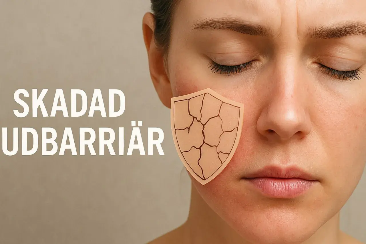Ansiktet visar en skadad hudbarriär, symboliserad av ett sprött sköldmönster. Texten "SKADAD HUDBARRIÄR" antyder behovet av att bygga upp tunn hud.