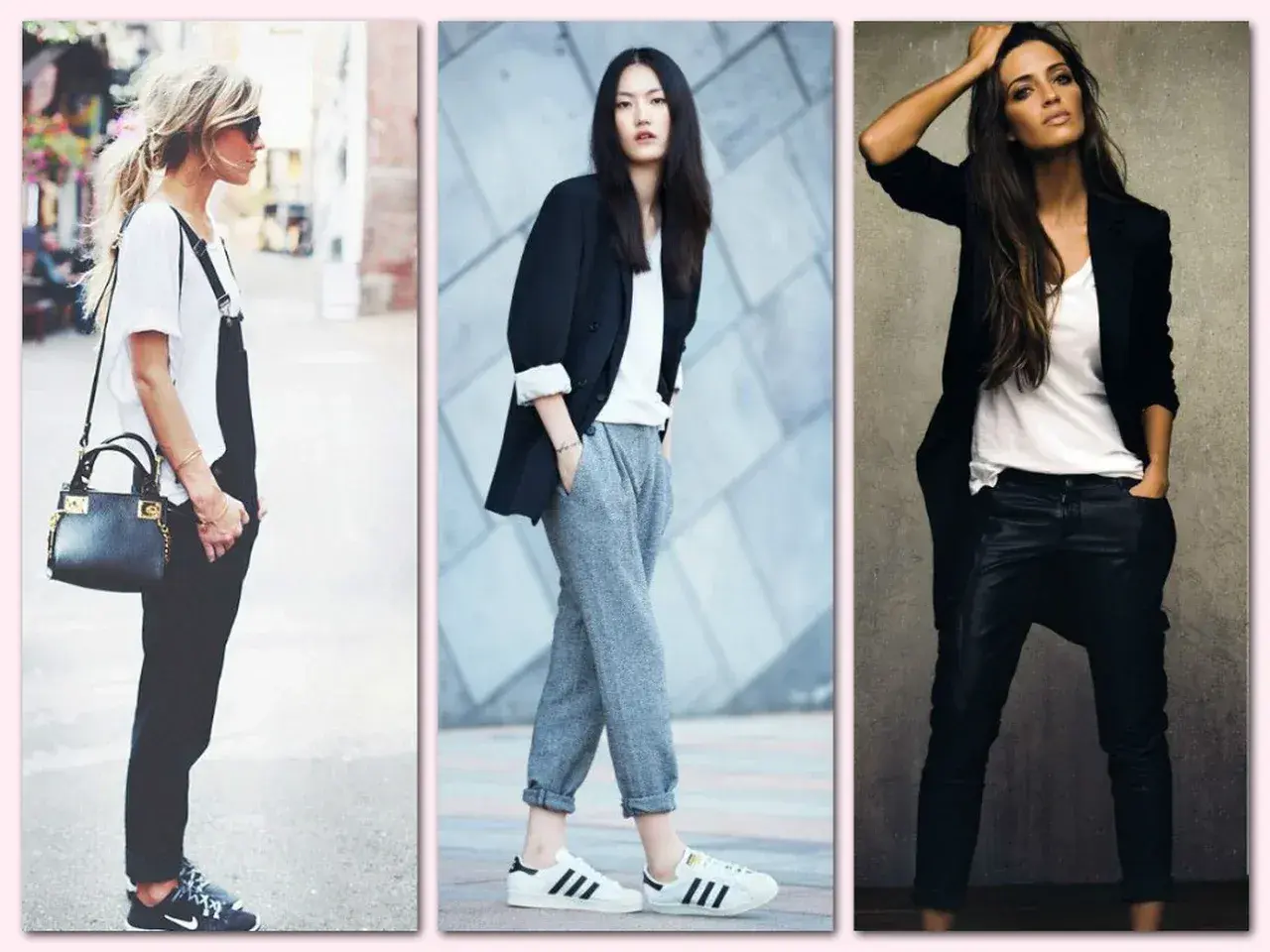 Trzy kobiety w stylizacjach inspirowanych stylem clean girl: w ogrodniczkach, dresach i skórzanych spodniach.