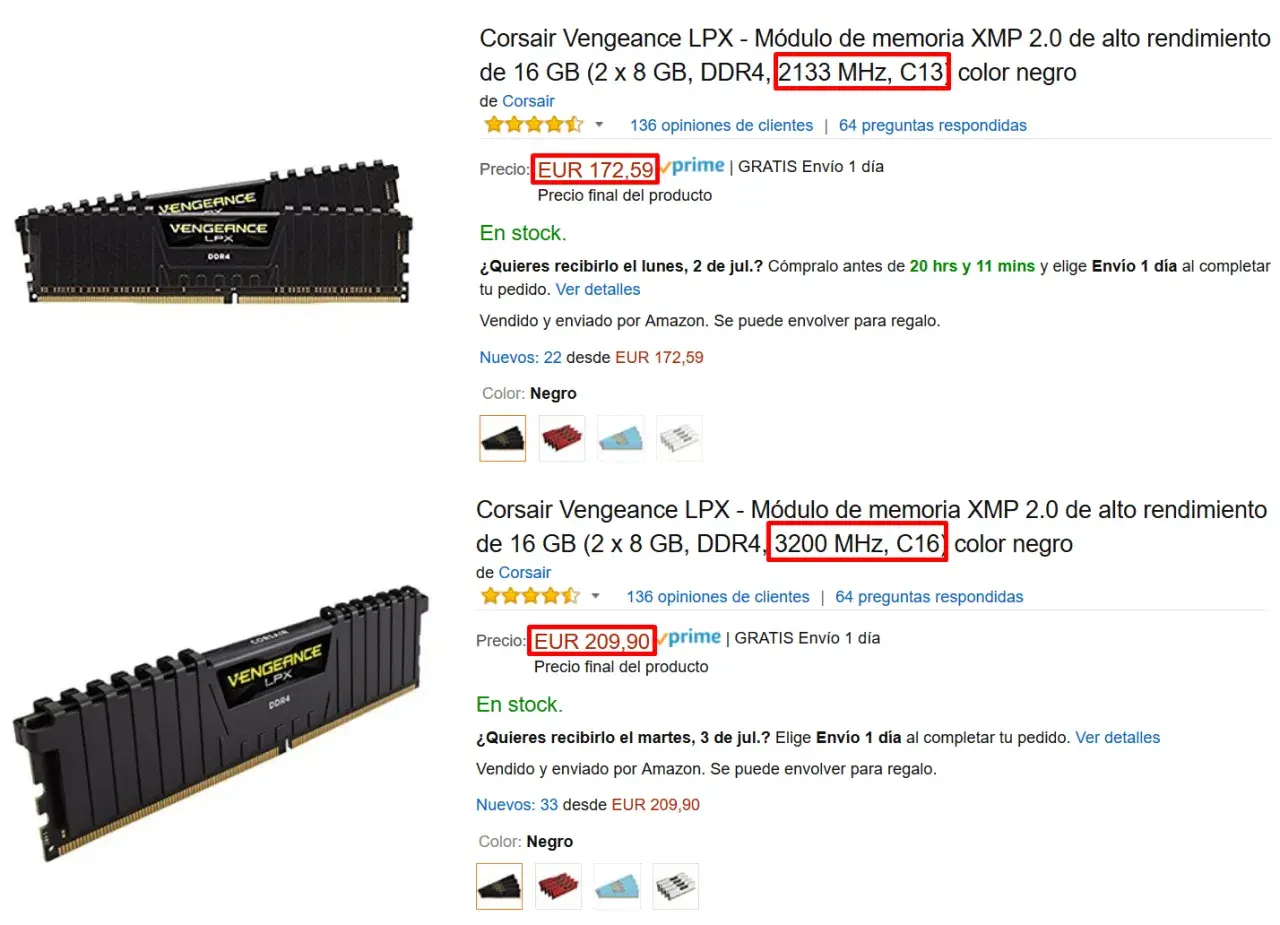 Módulos de memoria RAM CL que es DDR4 Corsair Vengeance LPX, uno de 2133 MHz C13 y otro de 3200 MHz C16.