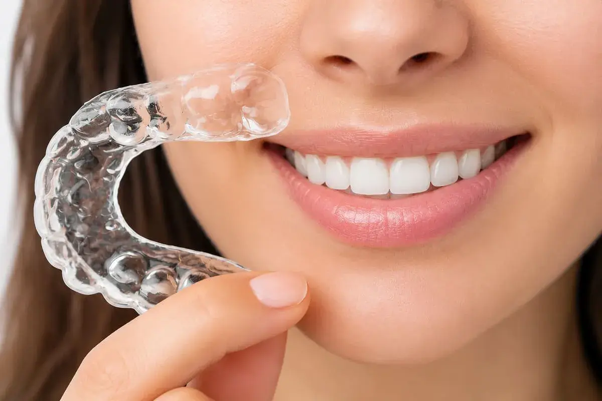 Una mujer muestra su sonrisa perfecta con un alineador transparente Invisalign.