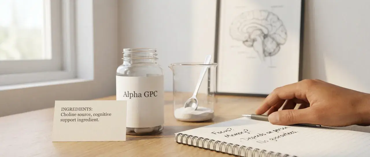 Flaccone di Alpha GPC, fonte di colina per il supporto cognitivo. Sul taccuino si legge "Focus? Memory? No guarantees.