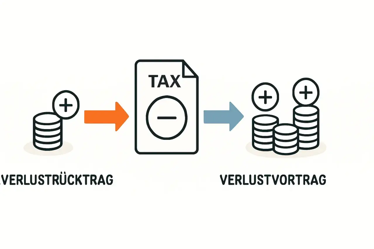 Verlustrücktrag zeigt, wie Steuern durch einen Verlustvortrag reduziert werden können. Münzstapel mit Pluszeichen werden durch ein Steuerdokument mit Minuszeichen geleitet, was zu mehr Münzen führt.