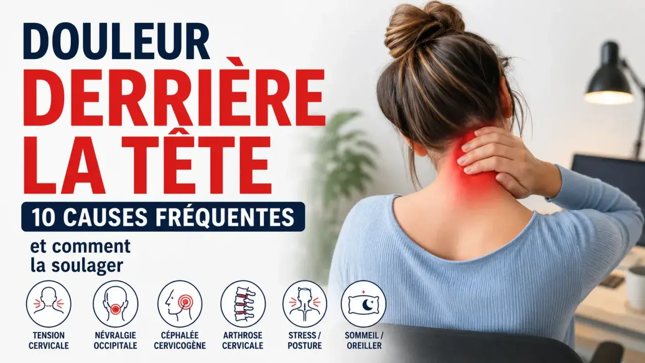 Une femme se tient la nuque, zone rouge indiquant une douleur derrière la tête. L'image liste 10 causes fréquentes de ce mal.
