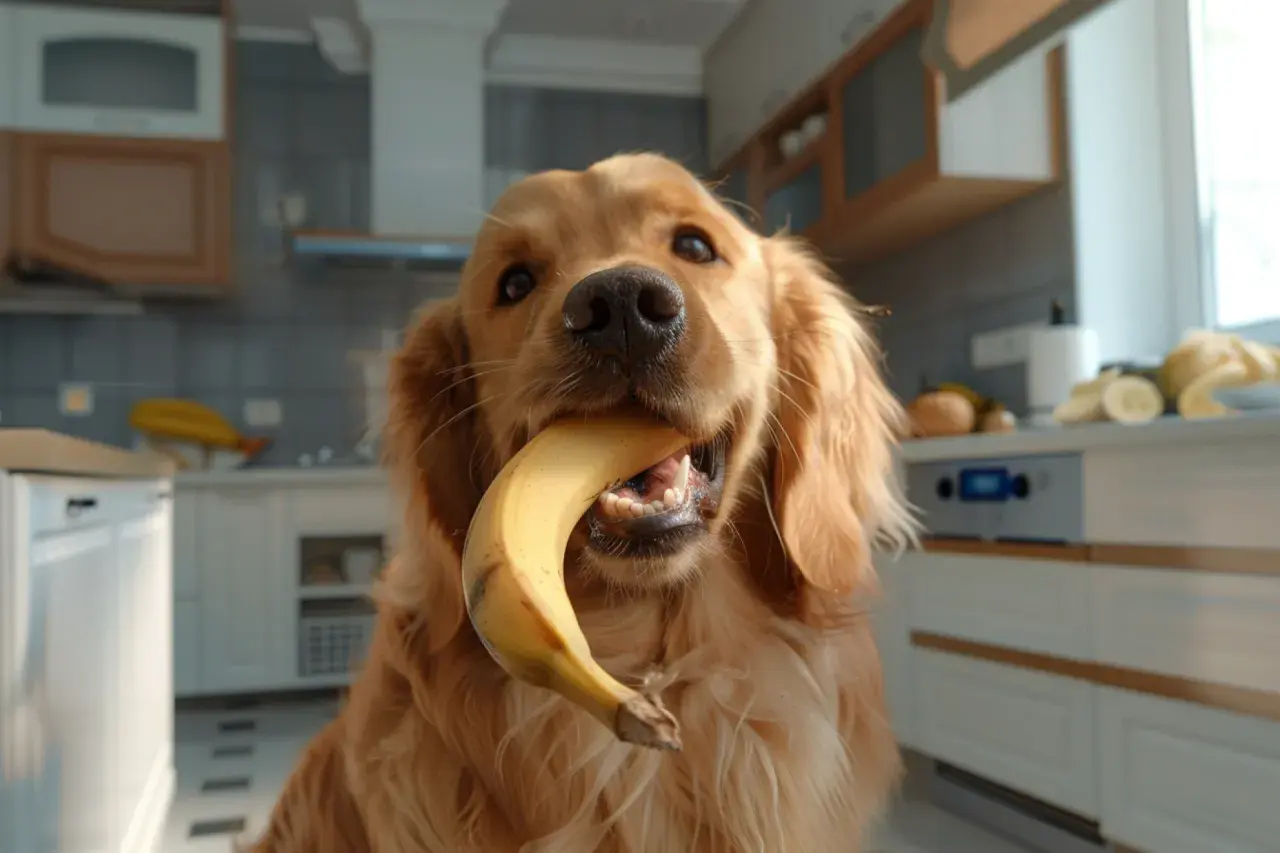 Złoty retriever z bananem w pysku. Czy pies może jeść banana? Ten słodziak zdaje się odpowiadać twierdząco, choć ostrożnie.