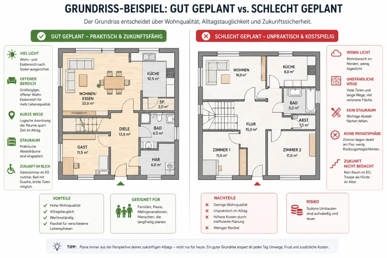 Guter Grundriss: Viel Licht, kurze Wege, Stauraum. So baut man ein Haus praktisch & zukunftsfähig. Schlechter Grundriss: Umständlich, wenig Licht, teuer.
