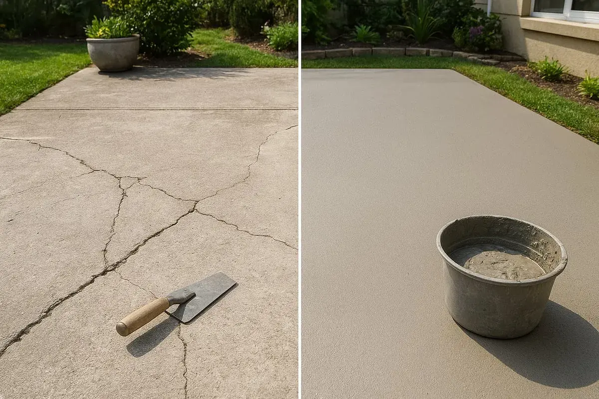 Podziałka: pęknięty beton z kielnią i gładka powierzchnia z wiadrem zaprawy.