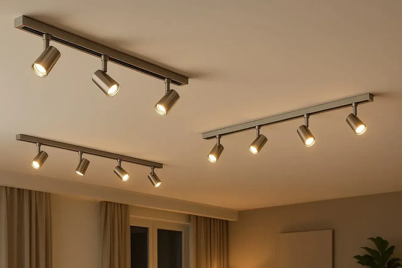 Dos rieles con focos de techo modernos, de metal cepillado, iluminan un espacio acogedor con cortinas y una ventana.