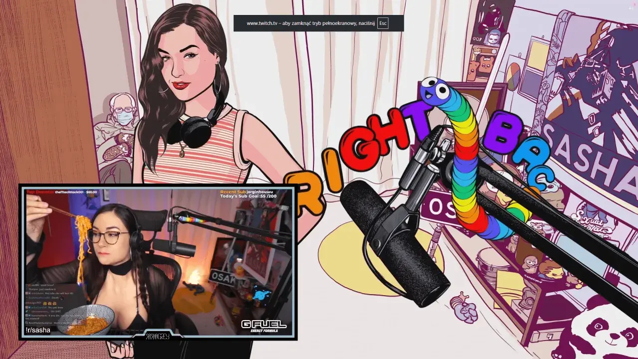 Sasha Grey w Polsce, jedząca makaron podczas transmisji na żywo. W tle kolorowe litery i rysunki.