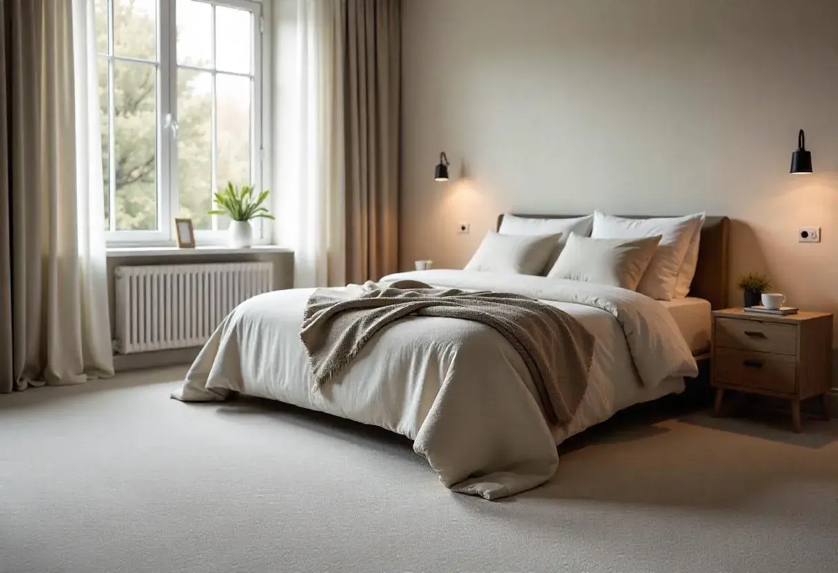 Mysigt sovrum med ljus heltäckningsmatta som ger golv sovrum inspiration. En stor säng med vita sängkläder och en beige pläd.