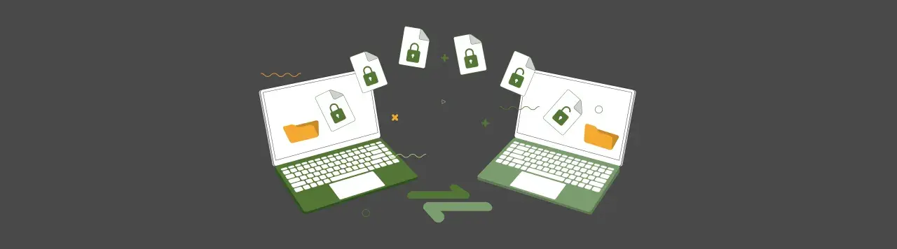 Dwa laptopy wymieniające zaszyfrowane pliki, symbolizujące bezpieczne przechowywanie danych.