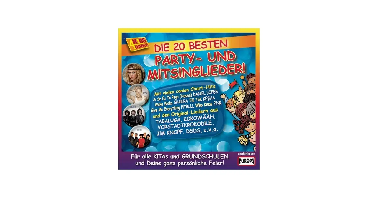 Die CD "Die 20 besten Party- und Mitsinglieder!" mit Hits von Shakira, Pink und vielen mehr. Perfekt für Kinderfeste!