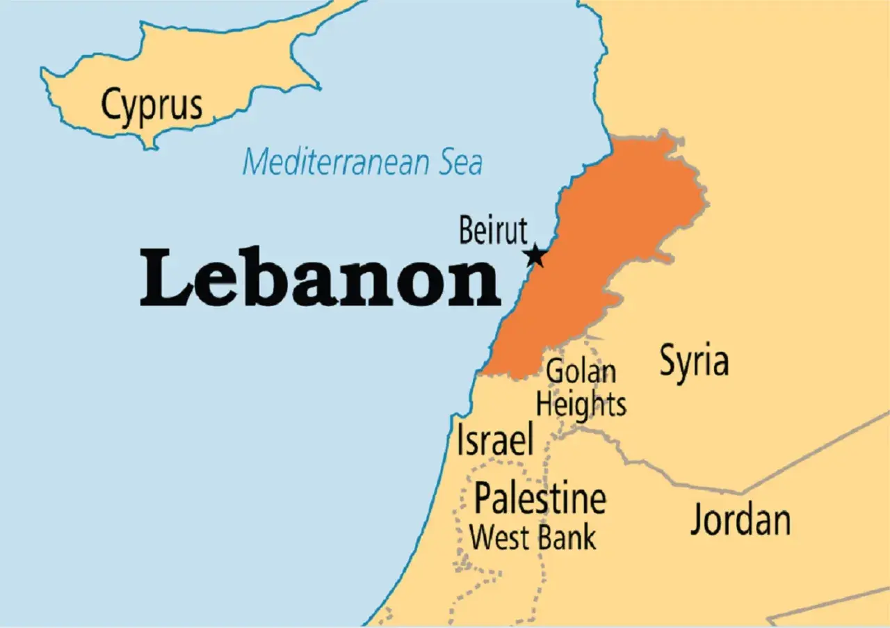 Mapa polityczna Bliskiego Wschodu. **Liban gdzie leży** między Morzem Śródziemnym, Syrią i Izraelem. Stolica: Bejrut.