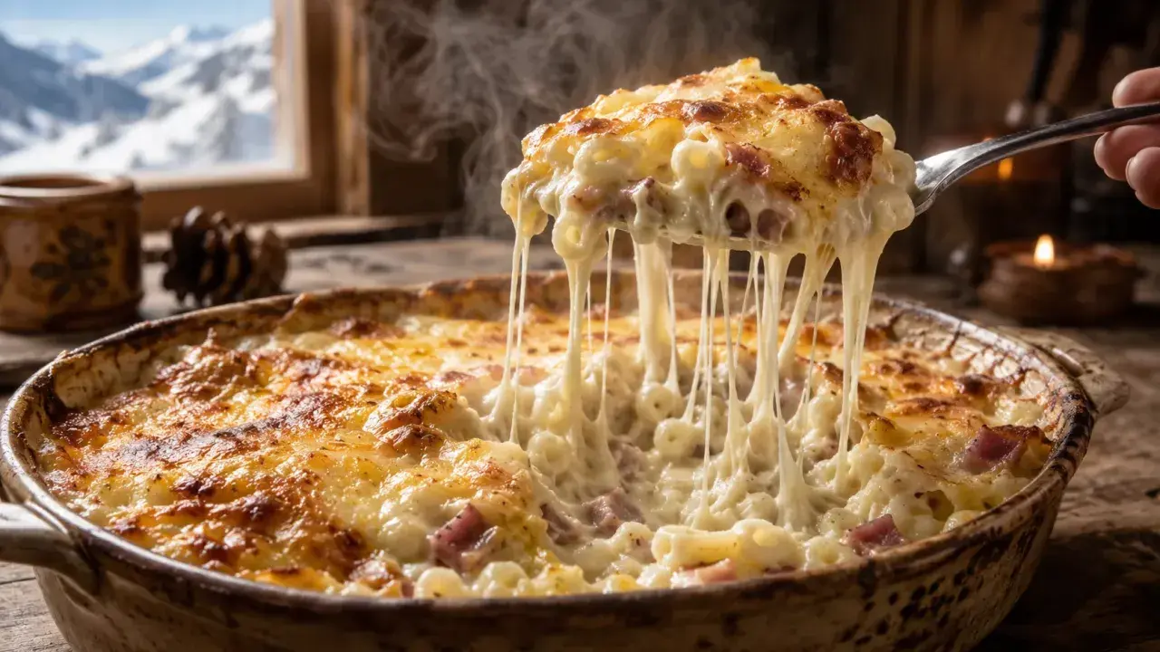 Un gratin de crozet fumant, débordant de fromage filant, réconfortant après une journée au ski.