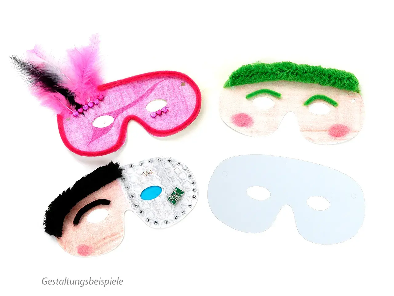 Kreative Ideen zum **masken bemalen**: bunte Masken mit Federn, grünen Haaren und sogar einer kleinen Platine.
