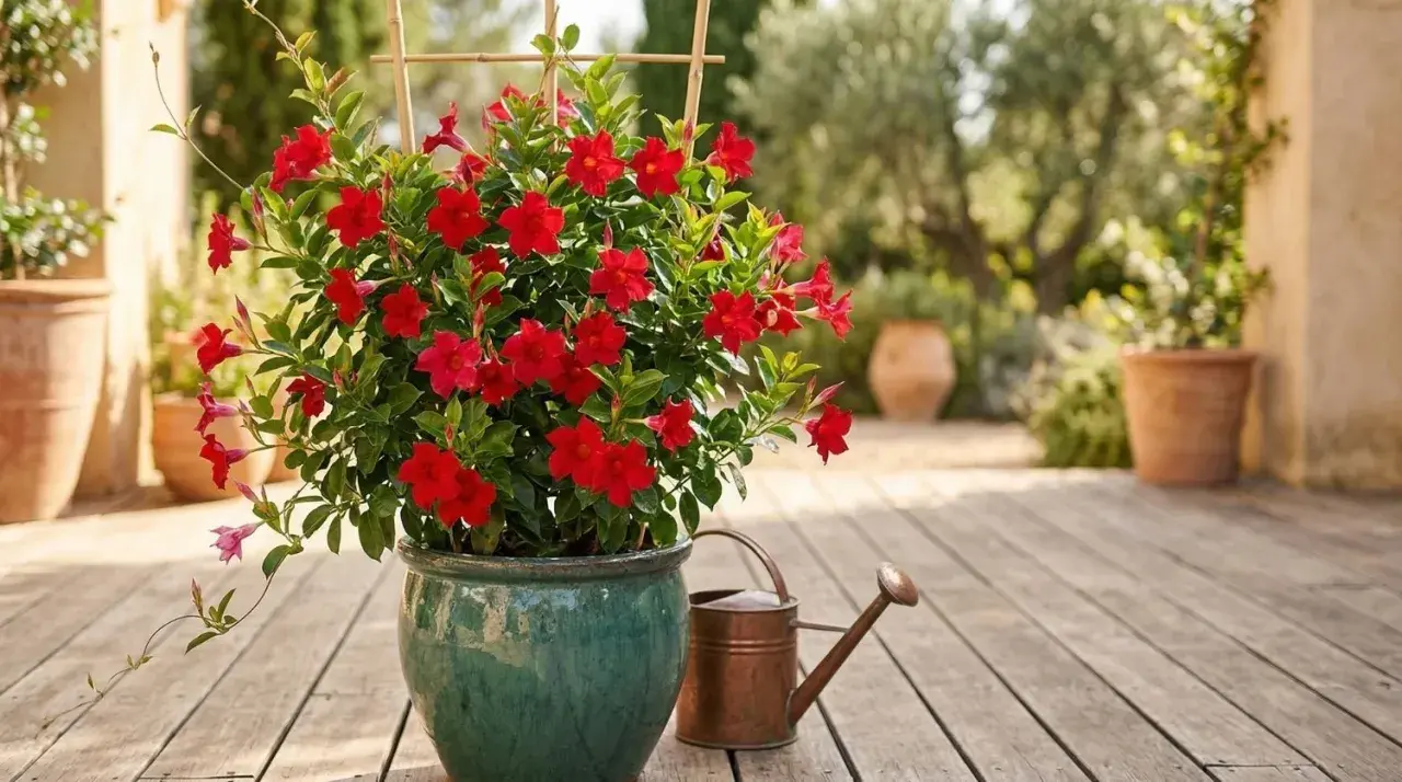 Un dipladenia rouge éclatant, prêt pour une belle exposition ensoleillée, dans un pot vert émeraude sur une terrasse en bois.