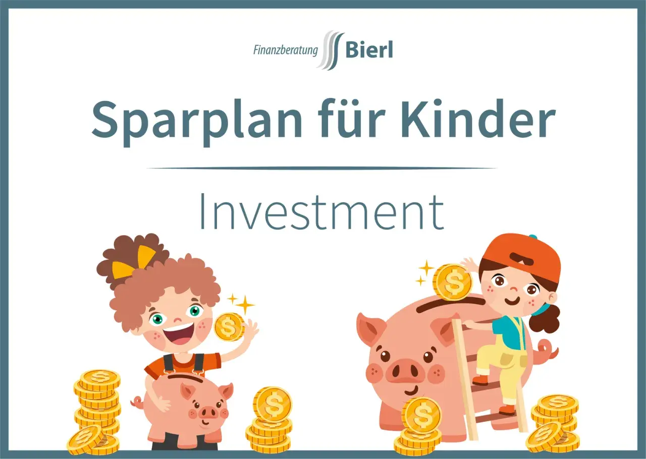 Sparplan für Kinder: Zwei fröhliche Kinder legen Münzen in Sparschweine. Finanzberatung Bierl.