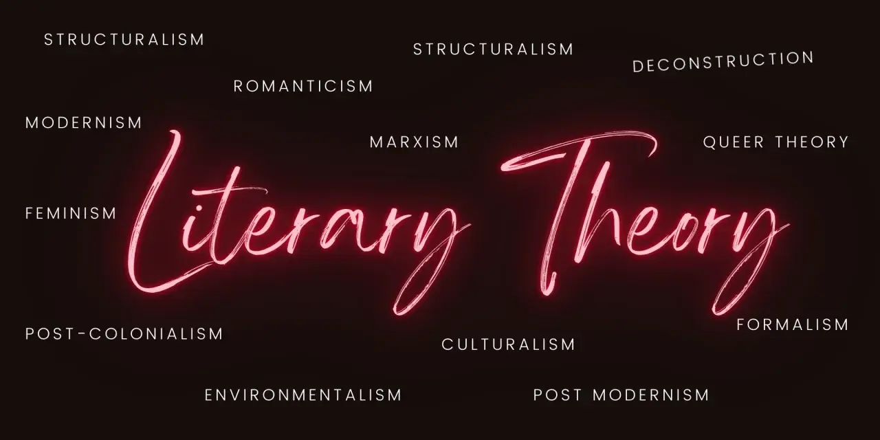 Neonowy napis "Literary Theory" otoczony nazwami różnych teorii literackich.