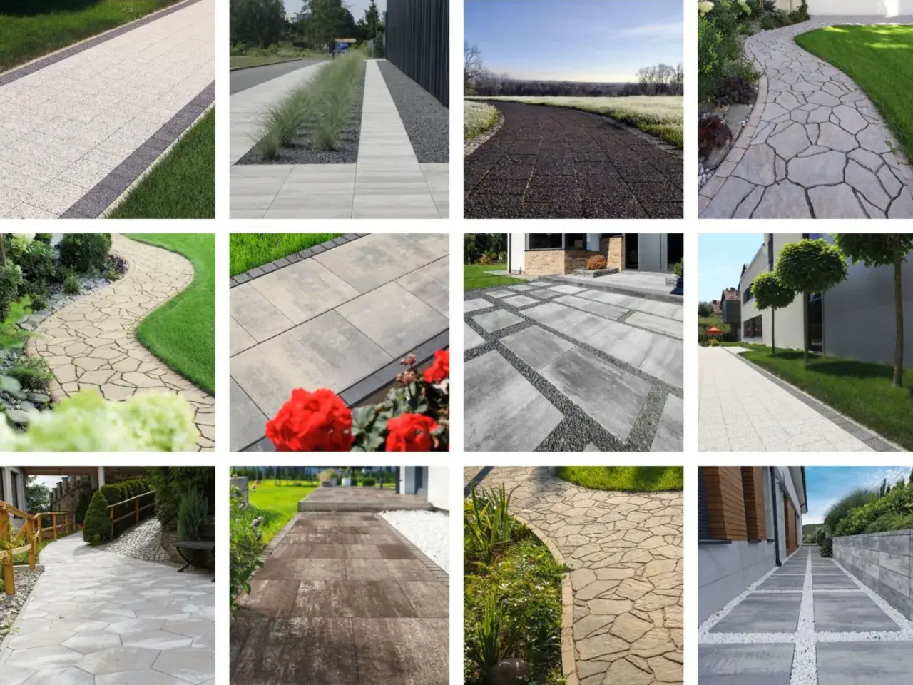Inspiracje na betonowy chodnik zrób to sam: ścieżki ogrodowe, podjazdy, tarasy. Różne wzory i kolory kostki brukowej.