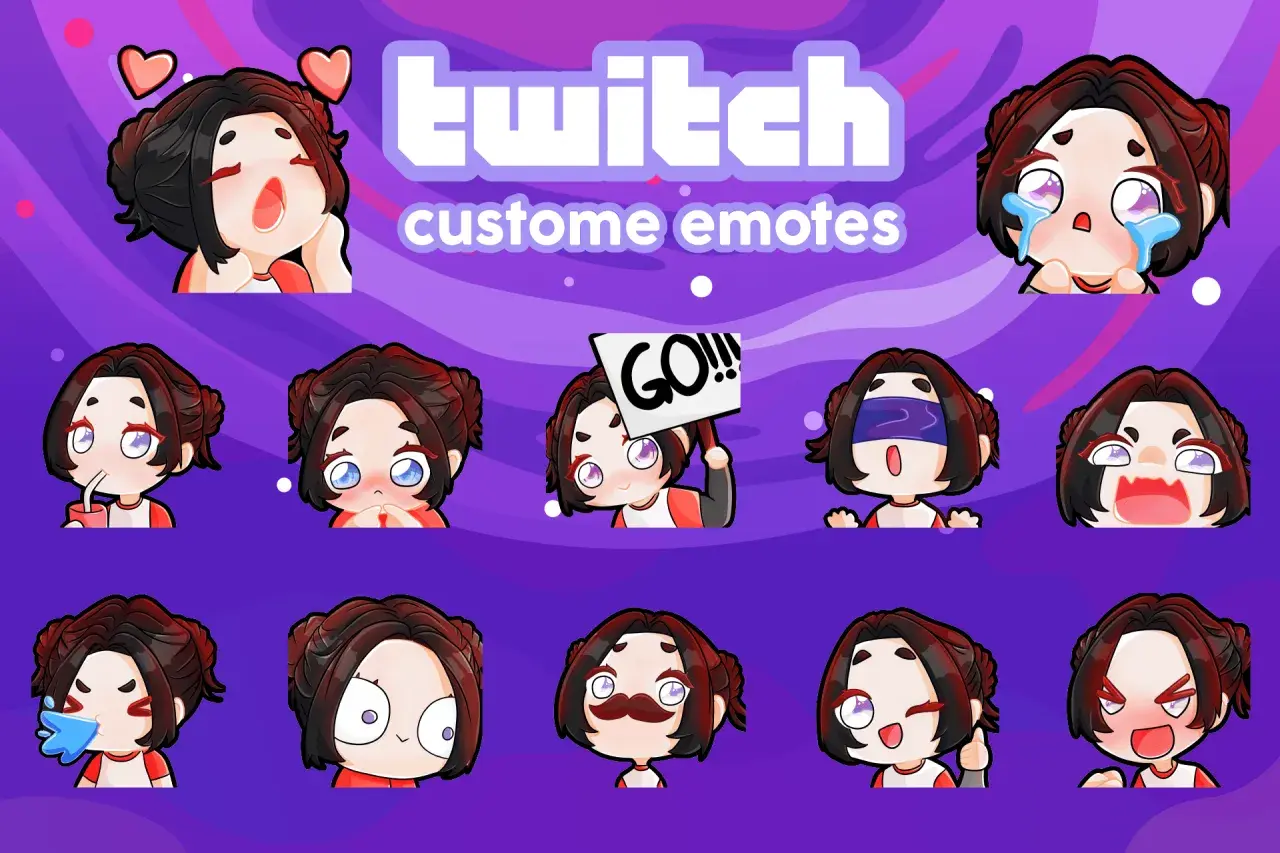 Zehn verschiedene, niedliche Anime-Emotes für Twitch, die verschiedene Emotionen zeigen. Manche **Twitch Emotes werden nicht angezeigt**, aber diese hier sind klar erkennbar.