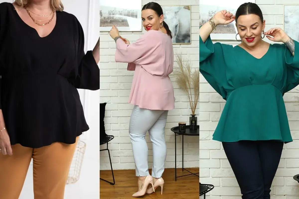 Trzy kobiety w bluzkach z baskinką: czarnej, pudrowej i zielonej. Eleganckie fasony podkreślające sylwetkę.