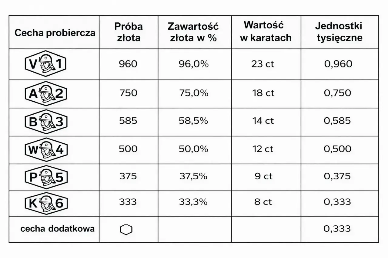Tabela pokazuje, ile waży złoto w zależności od próby i karatów. Od 960 próby (96%) do 333 (33,3%).