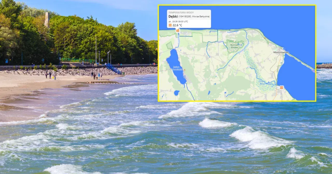 Na mapie widać, że ile stopni ma Bałtyk teraz w Dębkach to 22,6°C. Fala na plaży w słoneczny dzień.