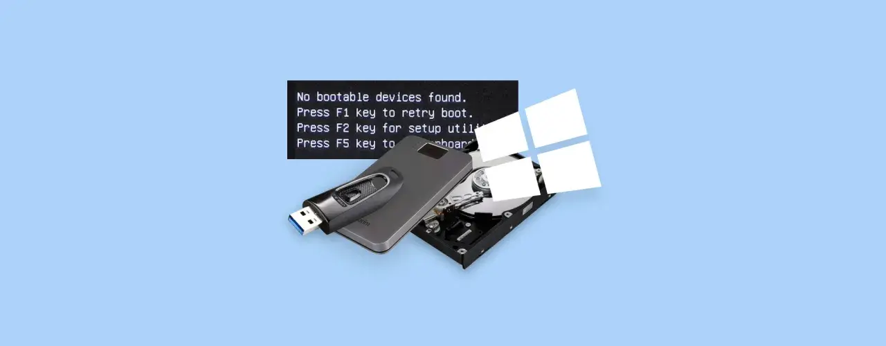 Komputer nie widzi dysku, wyświetla komunikat "No bootable devices found". Obok pendrive i otwarty dysk twardy.