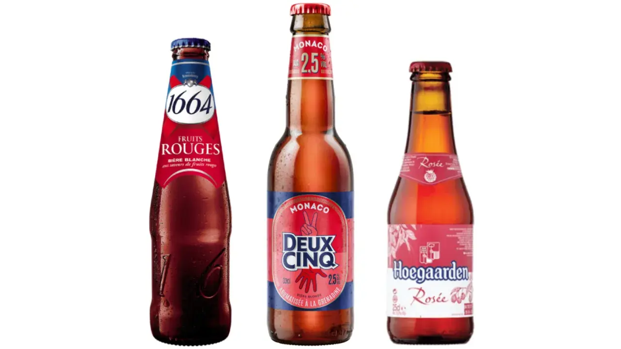 Trois bières peu alcoolisées : 1664 Fruits Rouges, Monaco Deux Cinq et Hoegaarden Rosée.
