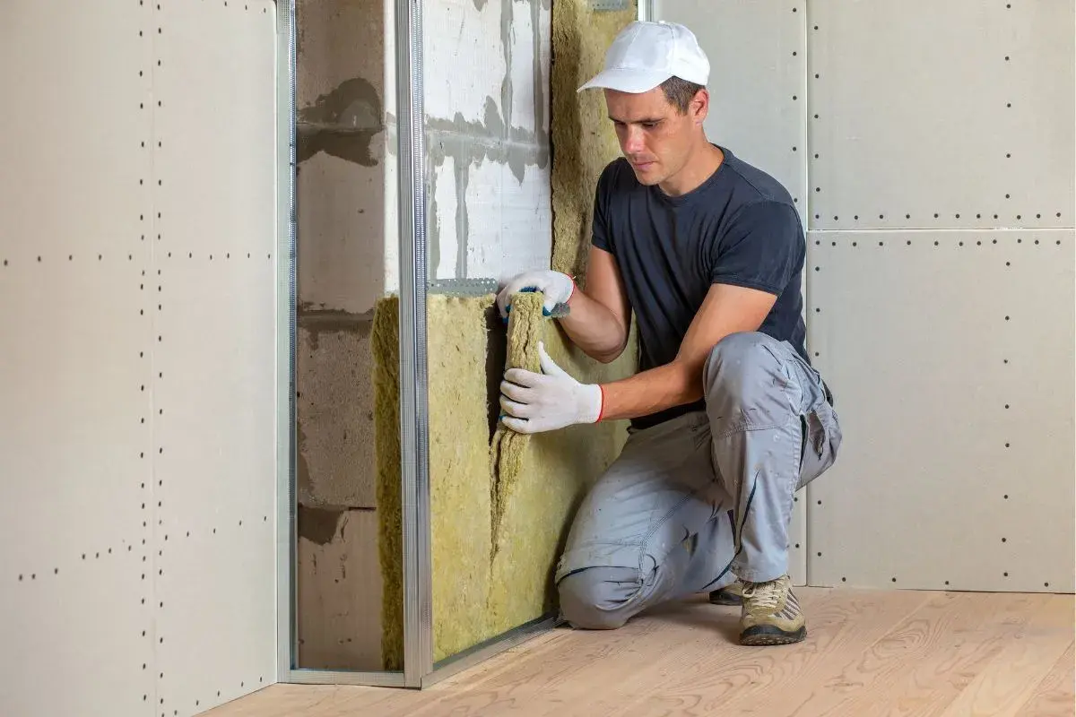 Operaio installa materiale isolante, creando un ambiente più silenzioso. Questo è il miglior isolante acustico per la tua casa.