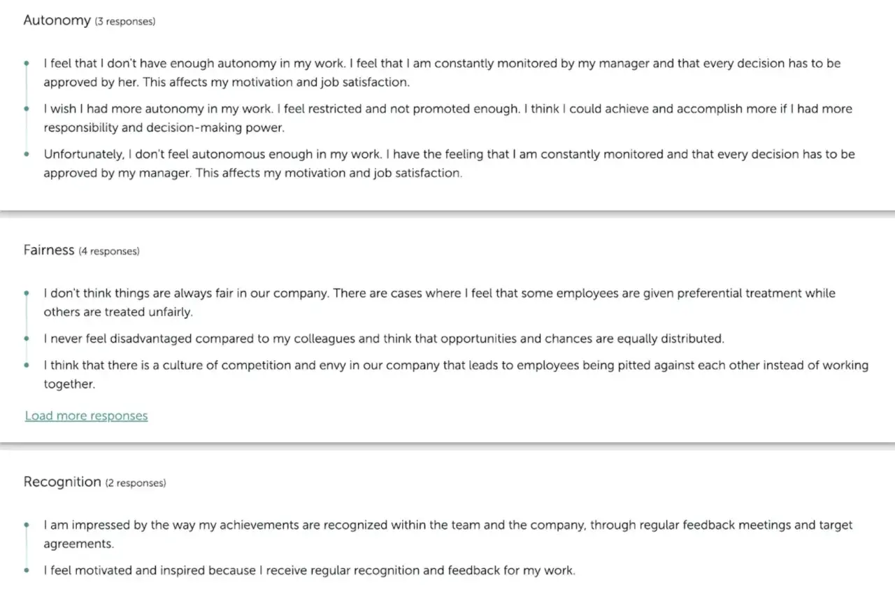 Open ended survey responses on autonomy, fairness, and recognition. Employees share feelings about job control, equitable treatment, and appreciation.