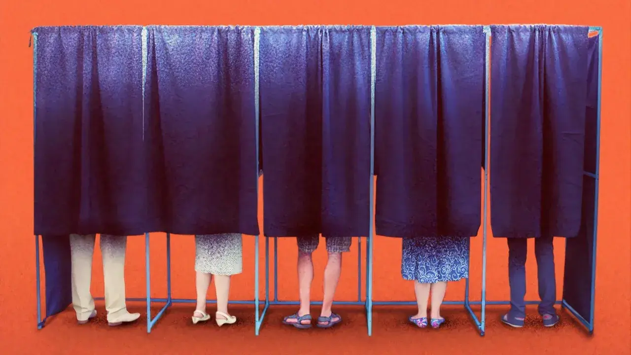 Wahlkabinen mit Menschenbeinen, die auf den Mehrheitswahlrecht Vorteile hinweisen.