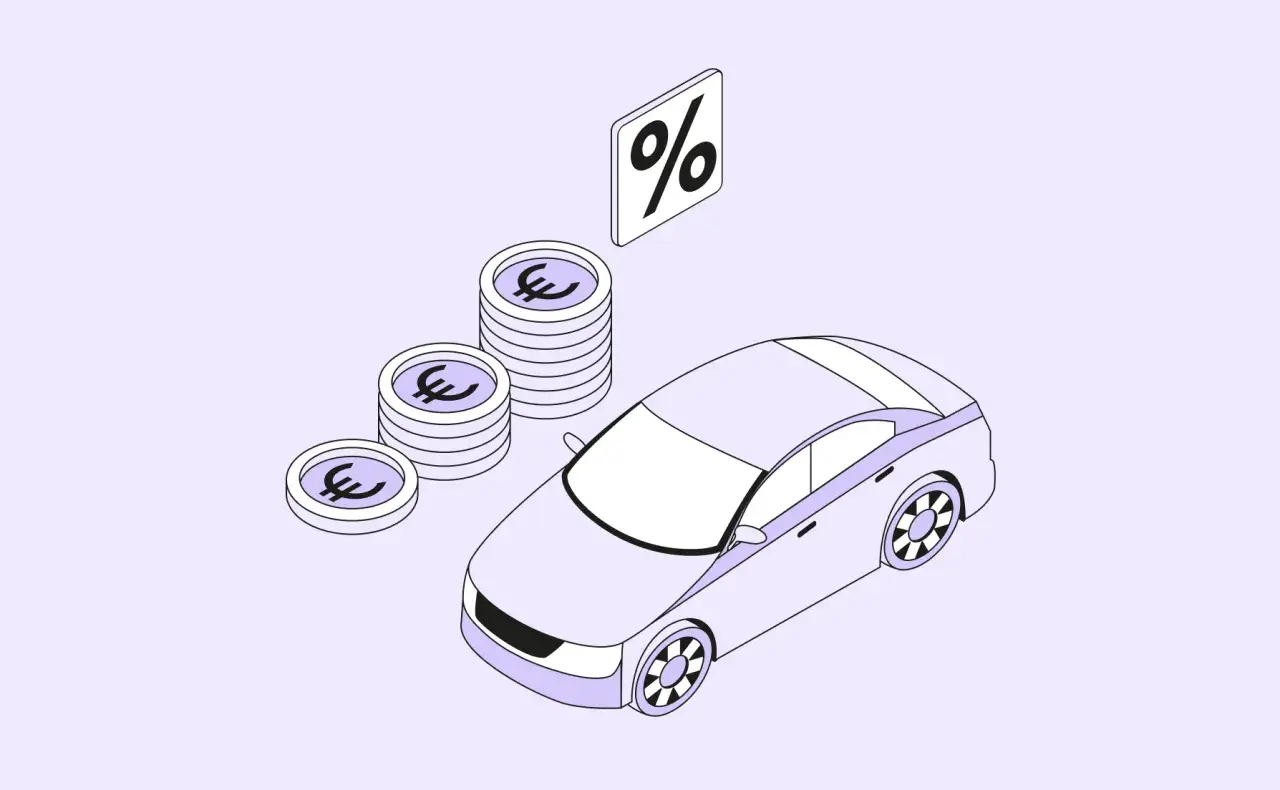 Auto, monete euro e simbolo percentuale. Una tabella rimborso chilometrico che illustra costi e risparmi.